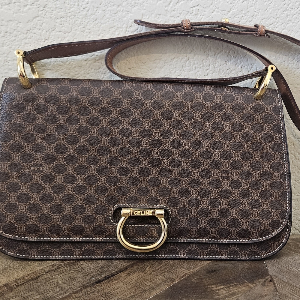 Celine Brown Monogram Shoulder Bag with Tan Leather Strap and Gold Hardware - Picture 11 of 17
